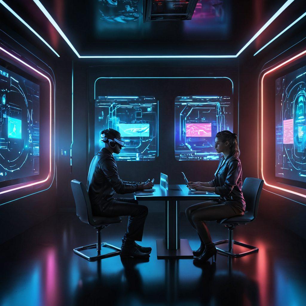 A visually striking representation of technology and intimacy, featuring a futuristic setting where holograms of couples interact with digital devices. Show glowing screens and symbols of connectivity intertwined with soft, warm lighting to evoke a sense of intimacy. Incorporate elements like VR headsets and sleek machinery subtly into the background, symbolizing the adult content landscape. The overall atmosphere should be thought-provoking and sensual. vibrant colors. cyberpunk. super-realistic.