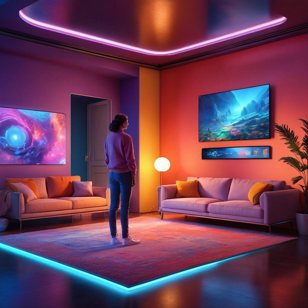 A futuristic and inviting room featuring a digital companion engaging with a smiling user through a holographic interface. The scene should radiate warmth and connection, showcasing vibrant colors, soft lighting, and interactive technology elements. Include elements of cam modeling with subtle nods to performance art, like a stylish mic and camera gear subtly placed in the background. The overall atmosphere should evoke a sense of companionship and entertainment. super-realistic. vibrant colors. cozy ambiance.